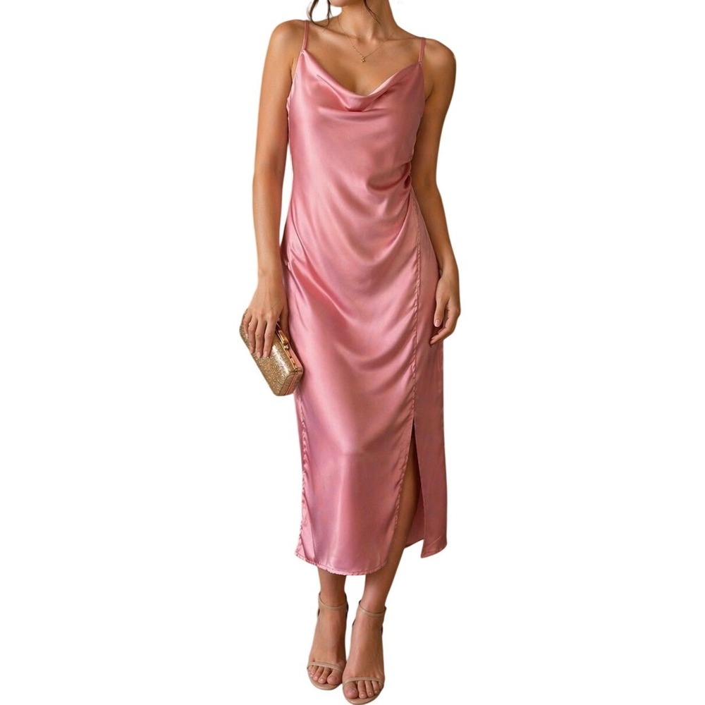 Rosé Glow Silky Slip Dress Womens Small - Cowl Neck